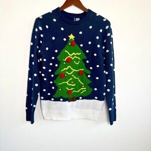 Divided Blue Ugly Christmas Sweater Christmas Tree 3D Jingle Bells Unisex Sz XS